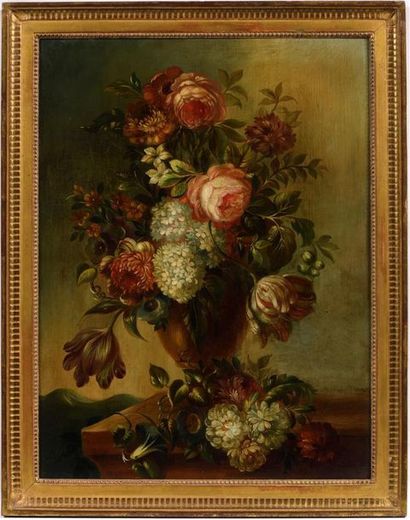 École fin XIXe.
Vase de fleurs sur un entablement.
Huile...