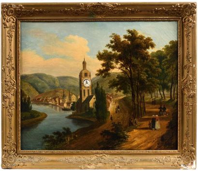 Ecole suisse XIXe.
Paysage animé au clocher.
Huile...
