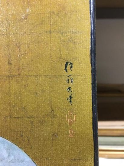 JAPON, XXe.
Panneau décoratif en bois peint...