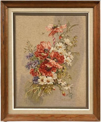 AUBUSSON, XXe.
Jetée de fleurs des champs.
Tapisserie...