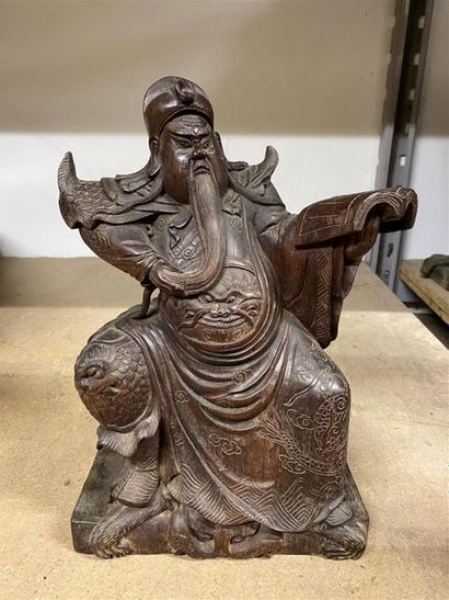 CHINE, XXe.
Statuette de Guandi en bois sculpté,...