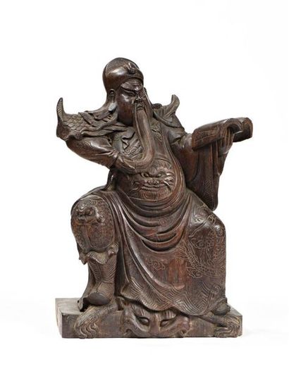 CHINE, XXe.
Statuette de Guandi en bois sculpté,...