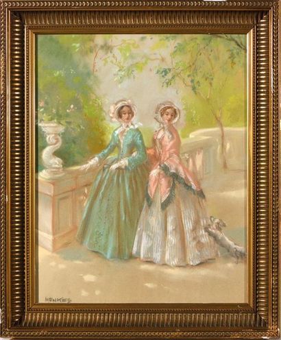 MENKES (XXe).
Deux élégantes au parc promenant...