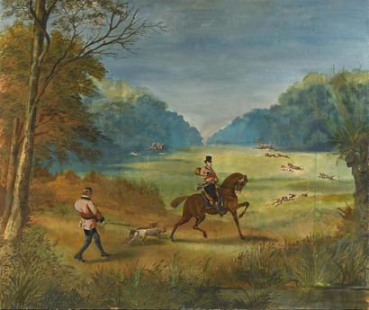 École XXe.
Scène de chasse à courre au renard.
Importante...