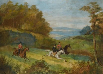 École XXe.
Scène de chasse à courre au cerf.
Importante...