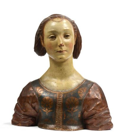 École XIXe. 
Buste de jeune femme en costume...