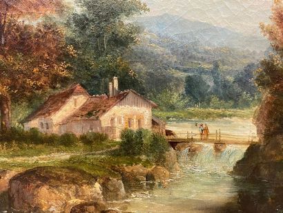 Jules LUCOT (XIXe).
Paysage animé au pont...