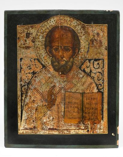 RUSSIE, XIXe.
Icône de Saint Nicolas de Myre.
Tempera...