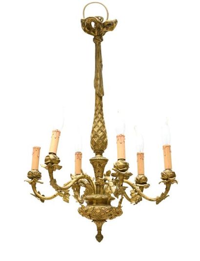 Lustre en bronze ciselé et doré à six bras...