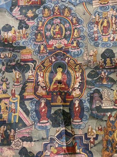 TIBET, XXe.
Thangka de bouddha, assis au...