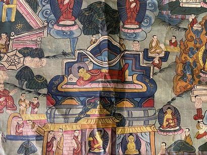 TIBET, XXe.
Thangka de bouddha, assis au...