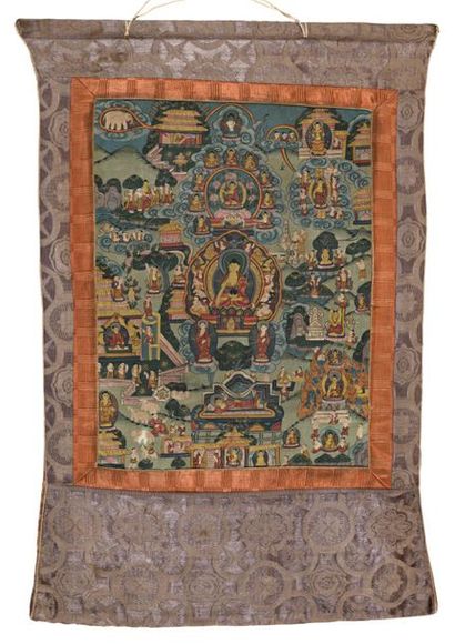 TIBET, XXe.
Thangka de bouddha, assis au...