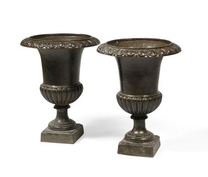 Paire de vases Médicis en fonte, la bordure...