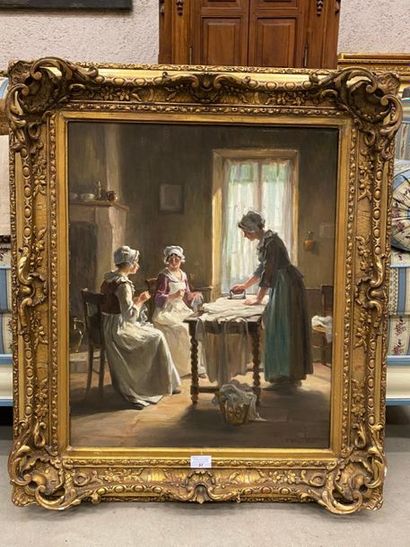 Pauline VALLAYER-MOUTET (XIXe-XXe).
La Repasseuse.
Huile...