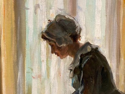 Pauline VALLAYER-MOUTET (XIXe-XXe).
La Repasseuse.
Huile...