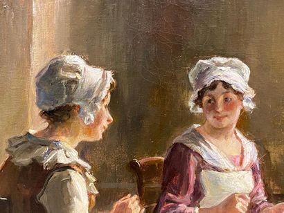 Pauline VALLAYER-MOUTET (XIXe-XXe).
La Repasseuse.
Huile...