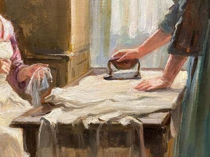Pauline VALLAYER-MOUTET (XIXe-XXe).
La Repasseuse.
Huile...