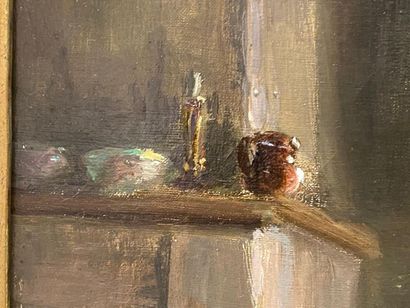 Pauline VALLAYER-MOUTET (XIXe-XXe).
La Repasseuse.
Huile...