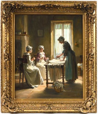 Pauline VALLAYER-MOUTET (XIXe-XXe).
La Repasseuse.
Huile...
