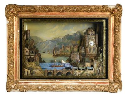 Diorama-horloge en bois, carton découpé et...