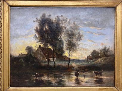 École française XIXe. 
Vaches à la rivière...