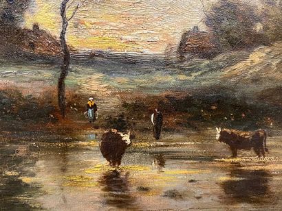 École française XIXe. 
Vaches à la rivière...