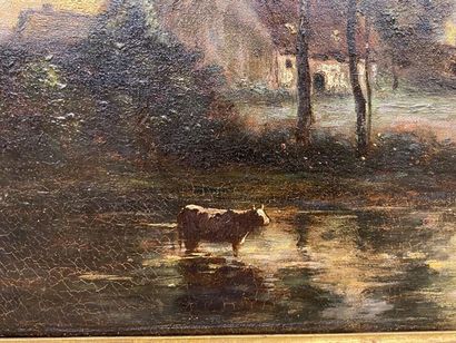 École française XIXe. 
Vaches à la rivière...