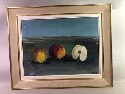 TRAVERT(XXe). Nature morte aux pommes.
Huile...
