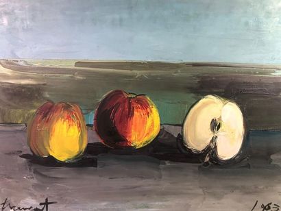 TRAVERT(XXe). Nature morte aux pommes.
Huile...