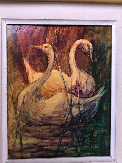French school XXth.

Two swans.

Oil on panel...