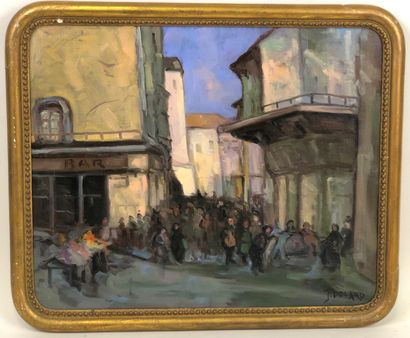 P. DOUARD XXe.

Vieille rue animée à Tours.

Huile...