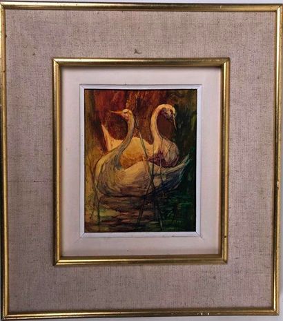 French school XXth.

Two swans.

Oil on panel...
