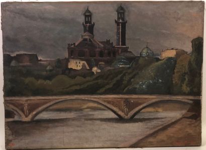 École de l'Est XXe.

Paysage au pont et à...