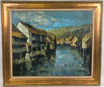 Jean ABADIE (1921-2010).

River bank, inhabited...