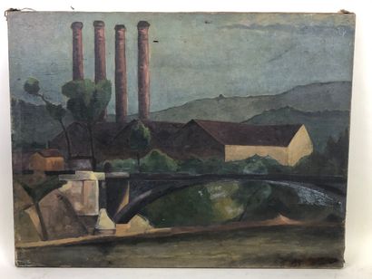 École de l'est XXe.

Paysage industriel.

Huile...