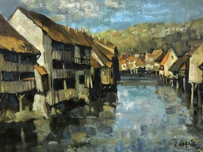 Jean ABADIE (1921-2010).

River bank, inhabited...