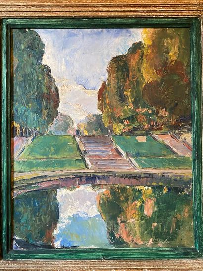 École début XXe.

Bassin dans un parc.

Huile...