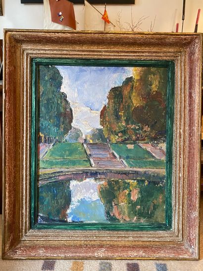 École début XXe.

Bassin dans un parc.

Huile...