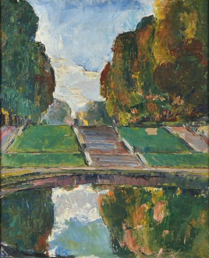 École début XXe.

Bassin dans un parc.

Huile...