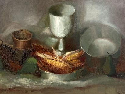 Robert SALES (20th).

Still life with corncobs.

Oil...