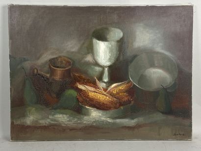 Robert SALES (20th).

Still life with corncobs.

Oil...