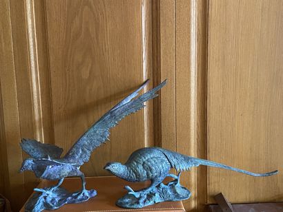 Deux faisans en bronze patiné vert. XXe.
