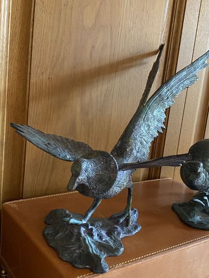 Deux faisans en bronze patiné vert. XXe.