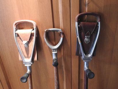 Trois cannes sièges en bois et métal.

(...