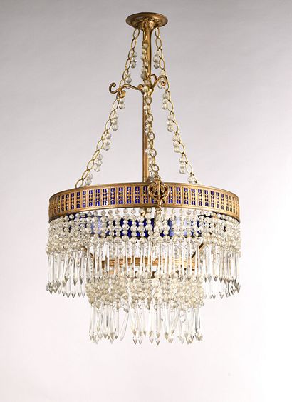 Circular chandelier in openwork brass, blue...