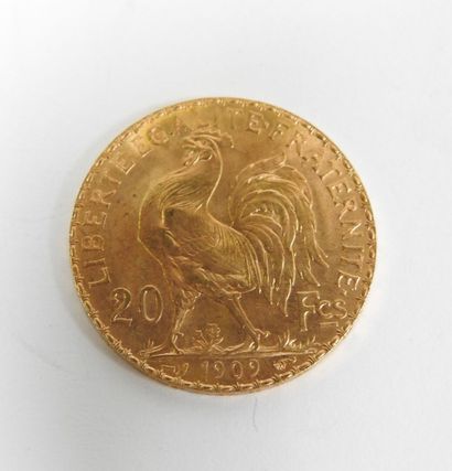 Coin of 20 francs in gold, rooster, 1909...