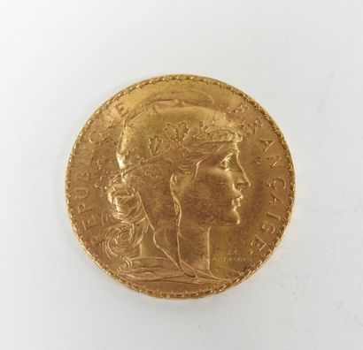 Coin of 20 francs in gold, rooster, 1909...