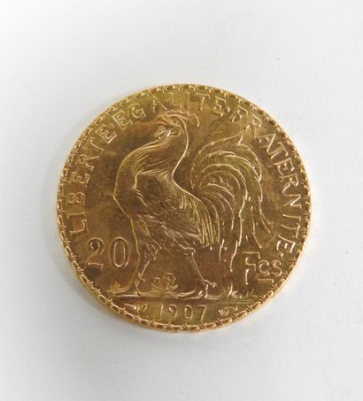 Coin of 20 francs in gold, rooster, 1907...