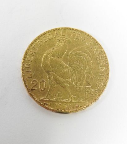Coin of 20 francs in gold, rooster, 1908...