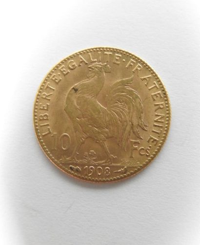 Coin of 10 francs in gold, rooster, 1908...